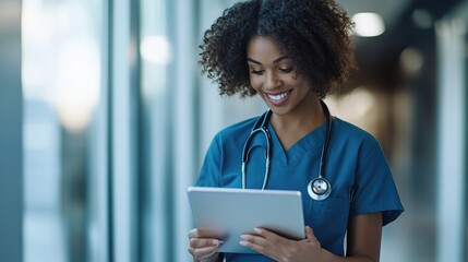 A smiling female healthcare professional in blue scrubs uses a tablet, standing in a modern, well-lit medical facility.