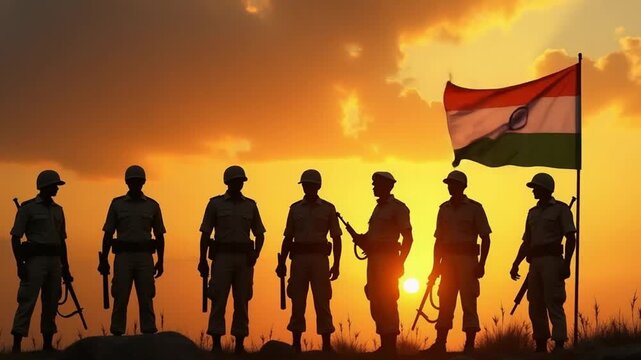 Indian Soldiers Marching with Flag During Sunset – Independence Day Concept