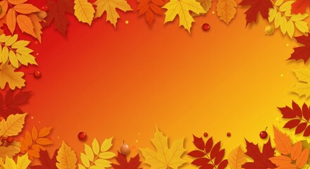 Fototapeta premium Autumn Leaves Frame with Orange Background for Fall Season