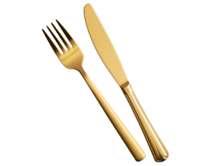 Top view of elegant matte gold fork and knife set isolated on transparent background PNG  