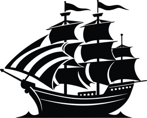 Pirate ship silhouette, sailing vessel icon, flat nautical vector, black ship illustration