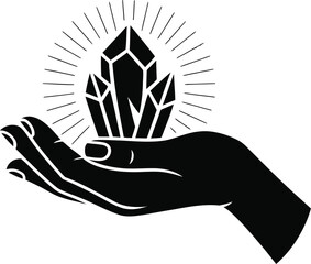 Black Hand Holding Geometric Crystals with Light Rays