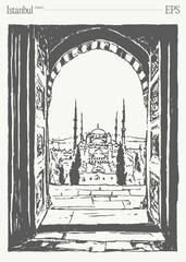 A stunning view of Istanbul is beautifully framed through an ornate and intricate doorway
