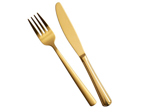 Top view of elegant matte gold fork and knife set isolated on transparent background PNG  