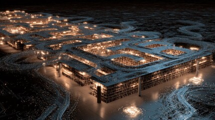 Illuminated, complex city structure at night