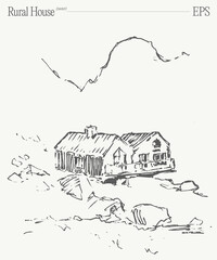 A Tranquil and Serene Rural House Situated Amidst Majestic Mountains Beautiful Sketch Art