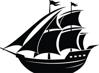 Pirate ship silhouette, sailing vessel icon, flat nautical vector, black ship illustration