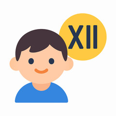 Cartoon boy with roman numeral XII in speech bubble, representing age or a number