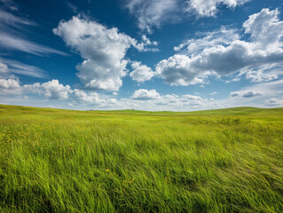 Obraz premium Vast Green Prairie Under a Bright Blue Sky with Fluffy Clouds