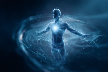A glowing human figure radiating energy, showcasing inner power. The person radiates a bright light with arms outstretched, set against a galactic backdrop