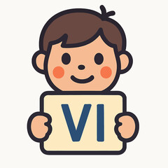 Smiling child holds sign with roman numeral VI, representing number six or a grade level