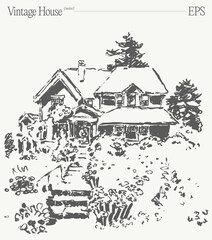 A vintage house illustration with a scenic garden pathway, perfect for art and architecture lovers