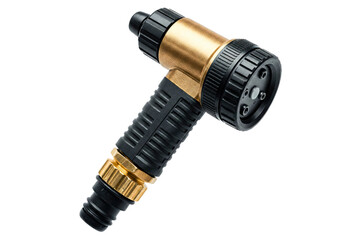 Gold and black adjustable garden hose sprayer nozzle attachment isolated on a transparent background