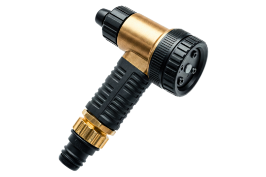 Gold and black adjustable garden hose sprayer nozzle attachment isolated on a transparent background