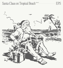 Santa Claus is shown enjoying his time relaxing on a beautiful tropical beach setting