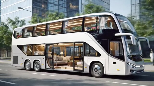 A modern doubledecker bus travels down a city street