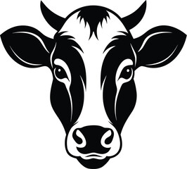Cow head silhouette, animal face icon, farm livestock vector, simple black illustration