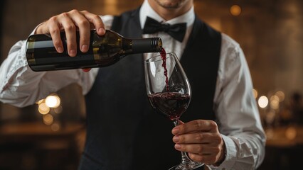"Elegant Wine Pouring by a Sommelier in a Sophisticated Setting"