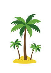 Obraz premium Three stylized palm trees stand on a sandy island with a bright green canopy against a clear transparent background isolated on transparent background