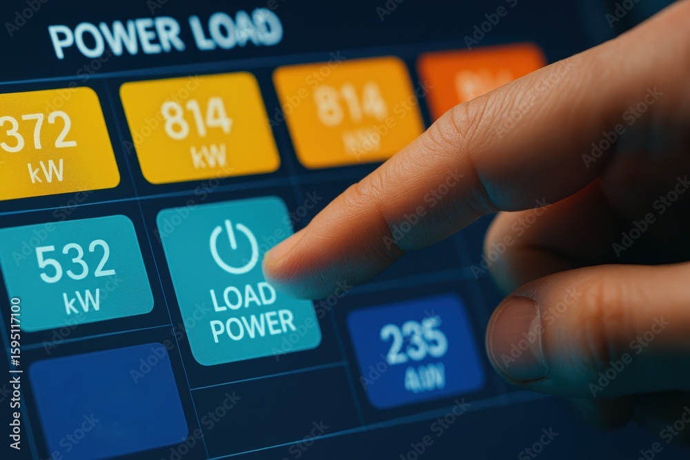Poster hand pressing load power button on digital display of electrical power monitoring system
