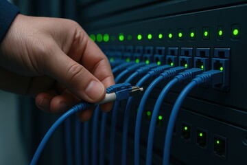 Hand Connecting Network Cable to Server Rack with Green LED Lights Illuminating Connectivity