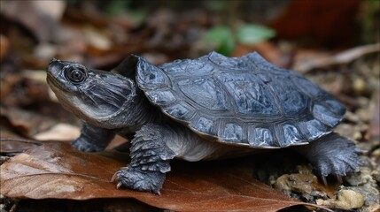 Tiny turtle on forest floor