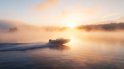 Speedboat rushes across calm lake waters as sunrise glows through fog and mist around shoreline
