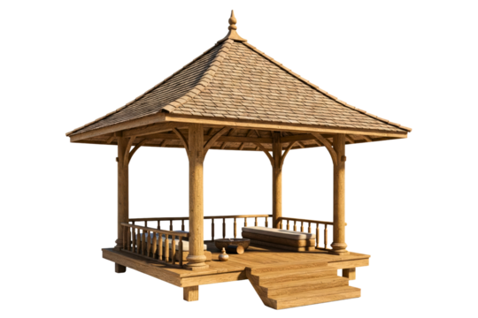 Wooden garden gazebo with shingled roof and seating inside isolated on a transparent background