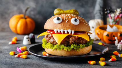 Whimsical Halloween Burger with Eyes and Fangs Surrounded by Festive Decorations and Candy