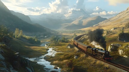 Steam engine train chugs along tracks amid misty mountain valley under soft morning sunlight
