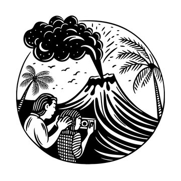 Vintage Volcano Eruption Illustration with Tourists and Palm Trees in Retro Black and White Style.