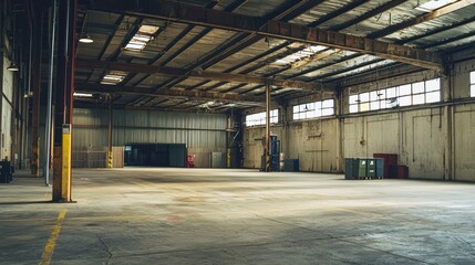 A large, empty warehouse with a high ceiling and exposed beams, featuring large windows and a concrete floor.