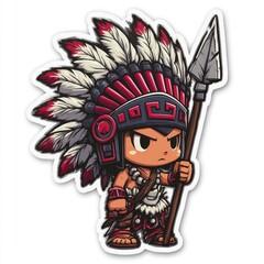 Cartoon Native American boy with a headdress and spear