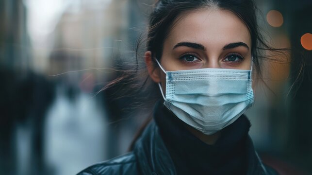 A young woman wearing a face mask, standing in a city street with buildings in the background.