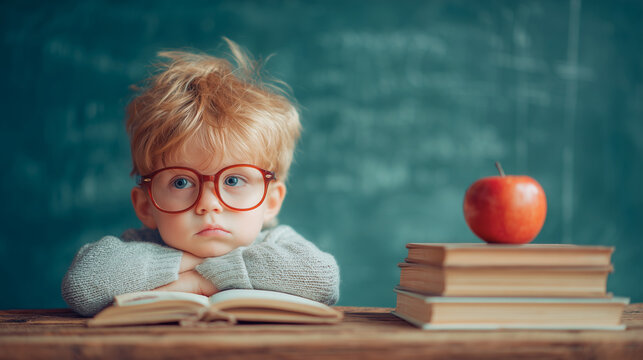 Young boy at desk with books and apple - Powered by Adobe