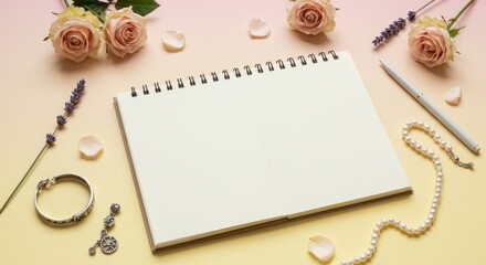 Empty Spiral Notebook with Pink Roses Lavender Flowers Pearl Necklace Silver Bracelet and Pen on Soft Pink Surface