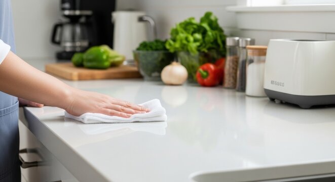 Woman cleaning kitchen counter with cloth in modern home environment