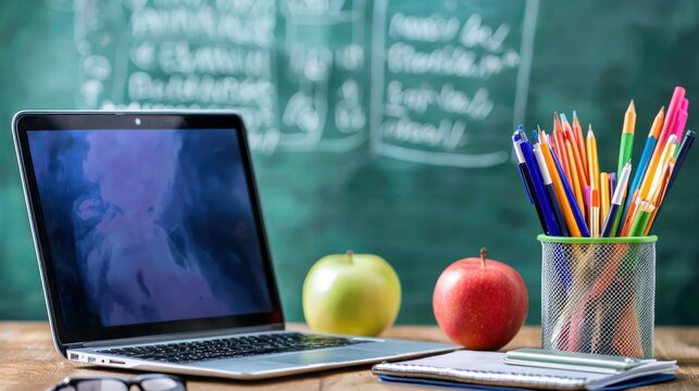 A laptop with a green screen and a cup of colored pencils on a wooden desk in front of a chalkboard with mathematical equations.