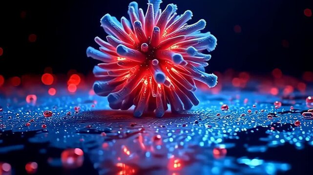 On a crystal-clear background, a radial molecule spinning like hypnotic light disk dazzles with its intricate fractal-like formations and vivid shades of ruby red and electric blue,