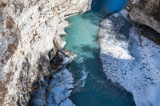 Argun Gorge with Snow-Dusted Cliffs and River