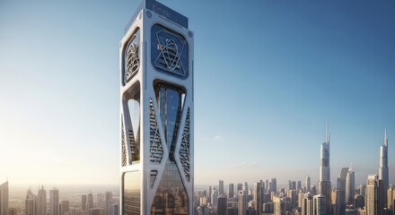 Futuristic skyscraper design with intricate geometric patterns rising above a dense cityscape under a clear blue sky.