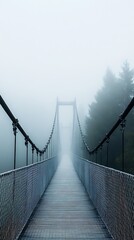 Suspension bridge disappears into the heavy fog, surrounded by forest trees along the sides