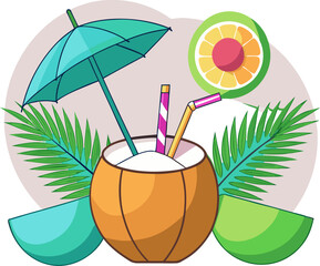 Coconut water, coconut cocktail, straw, umbrella, ice cube, and palm leaf elements.