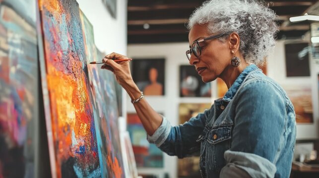 A senior woman wearing glasses, painting a colorful abstract painting in an art studio.