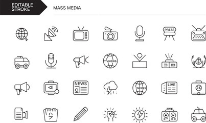 Mass Media Vector Icon Set – Communication, Technology, Newspaper, Multimedia, Community, Smartphone, Silhouette, and Line Symbols for Modern Media Design
