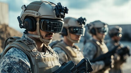 Obraz premium Four soldiers in tactical gear and helmets with night vision goggles stand in a line, prepared for a military operation under a cloudy sky.