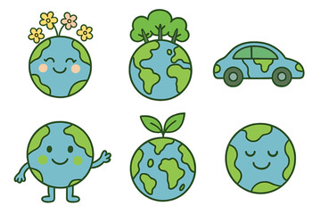 Obraz premium Earth day collection for kids featuring cute kawaii smiling planets, environment friendly icons with globe and forest, pollution or flowers on top, in a vector earth set representing an ecological