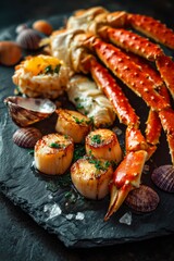 Gourmet seafood platter with crab legs, scallops, and clams on slate for elegant dining experience