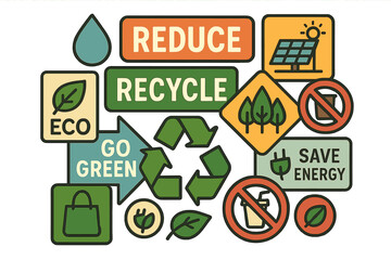 A set of hand-drawn vector letterings promoting eco-friendly living, featuring sustainable and green lifestyle themes, including fresh produce and save the planet typography, as well as zero waste