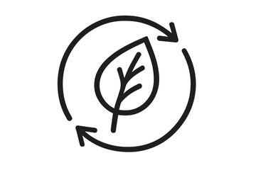 A minimalist black and white outline icon featuring a leaf and circular arrows, symbolizing environmental conservation, sustainability, and recycling